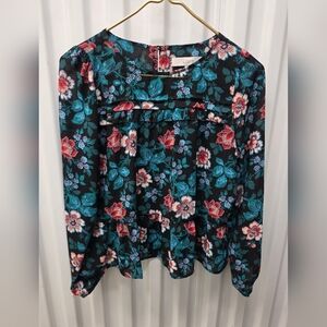 LOFT Black Floral Ruffle-Yoke Long Sleeve Blouse